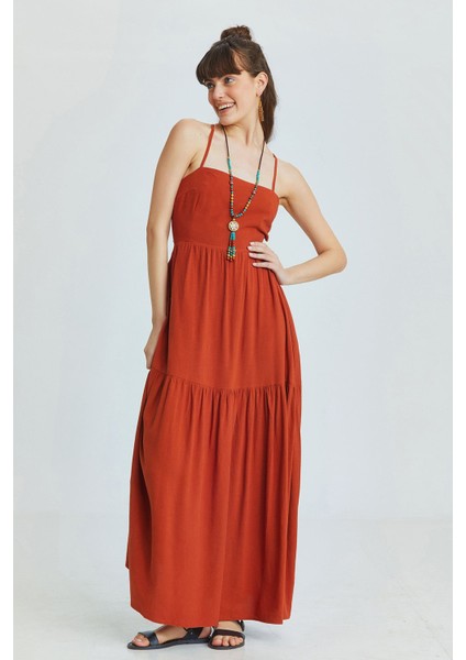 Sırt Dekolteli Midi Boy Elbise Kiremit modelleri