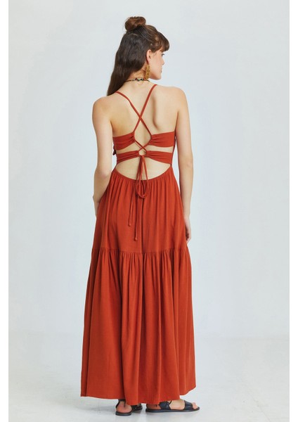 Sırt Dekolteli Midi Boy Elbise Kiremit fırsatları