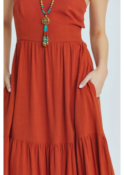 Sırt Dekolteli Midi Boy Elbise Kiremit indirimleri