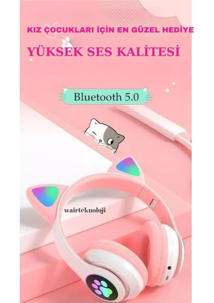 Kedi Kulaklık LED Işıklı Aux Girişli Bluetooth Mikrofonlu Hafıza Kartı Girişli Kulaklık