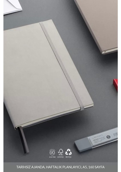 Unelma A5 Tarihsiz Planlayıcı Premium Defter 14 x 21 cm 160 Yaprak Açık Gri