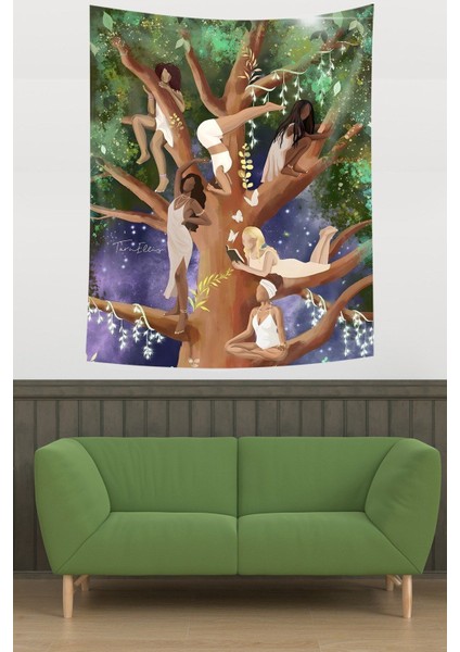 100 x 140 Meditasyon Yapan Kadınlar Leke Tutmaz Kumaş Duvar Örtüsü Duvar Halısı Tapestry Pamuklu Di