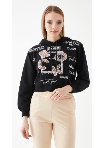 Siyah Baskılı Kapüşonlu Crop Sweatshirt