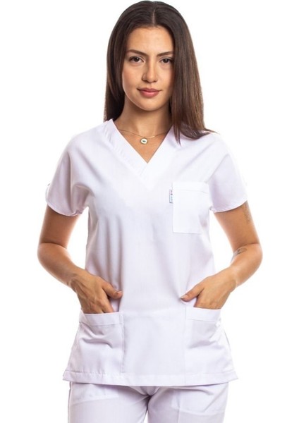 Cerrahi Doktor Scrubs Hemşire Forması Beyaz Üst