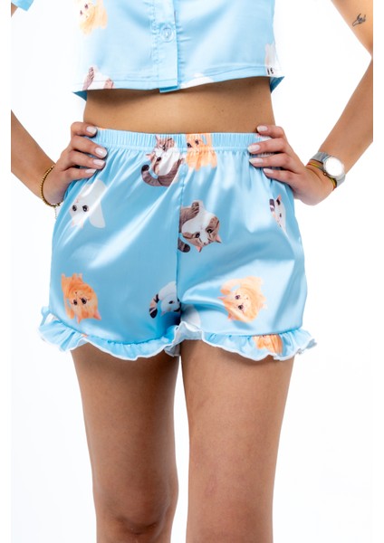 Bella Bonita Cute Cat Saten Şortlu Pijama Takımı