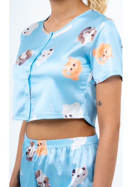 Bella Bonita Cute Cat Saten Şortlu Pijama Takımı