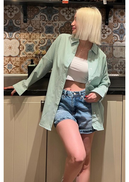 Yeşil Çizgili Over Fit Gömlek MG1525 modelleri