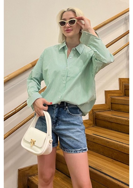 Yeşil Çizgili Over Fit Gömlek MG1525 fırsatları