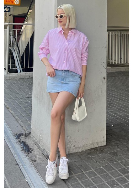 Pembe Çizgili Over Fit Gömlek MG1525