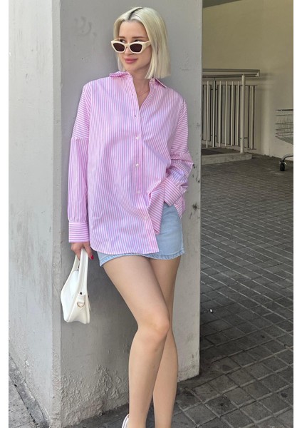 Pembe Çizgili Over Fit Gömlek MG1525 fırsatları