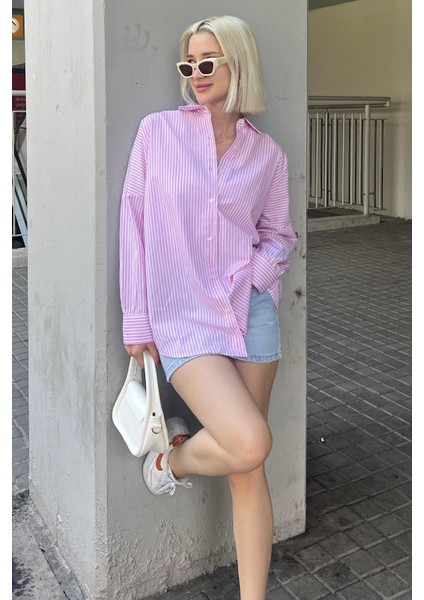 Pembe Çizgili Over Fit Gömlek MG1525 indirimleri