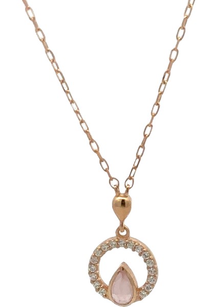 Zirkon Halka Ortası Damla Pink Quartz Taşlı Rose Altın Kolye