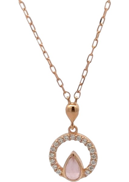Zirkon Halka Ortası Damla Pink Quartz Taşlı Rose Altın Kolye
