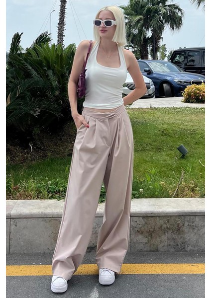 Bej Yüksek Bel Rahat Kesim Bol Paça Pantolon Mg2120 indirimleri