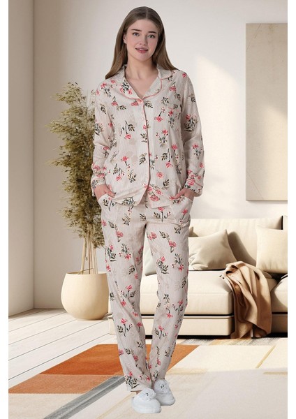 Pudra Büyük Beden Boydan Düğmeli Kadın Pijama Takımı