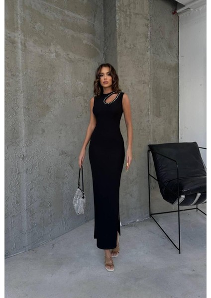 Kadın Damla Detay Taşlı Yan Yırtmaçlı Uzun Elbise