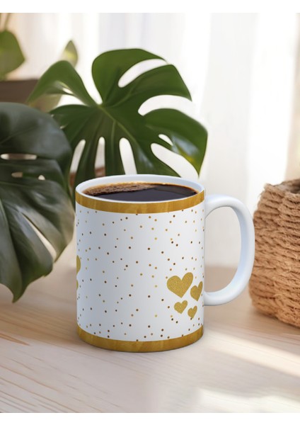 Baskılı Kupa Bardak Seramik Mug - Sarı Kalp