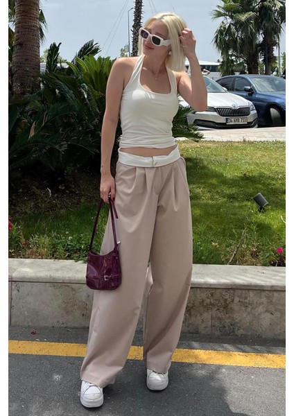 Bej Yüksek Bel Rahat Kesim Bol Paça Pantolon Mg2120