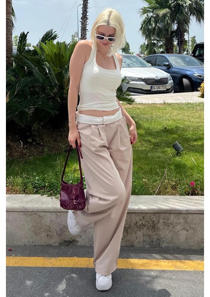 Bej Yüksek Bel Rahat Kesim Bol Paça Pantolon Mg2120