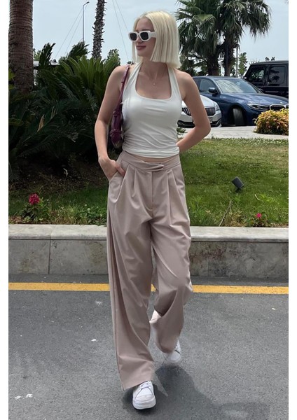 Bej Yüksek Bel Rahat Kesim Bol Paça Pantolon Mg2120
