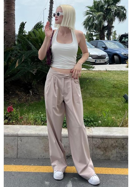 Bej Yüksek Bel Rahat Kesim Bol Paça Pantolon Mg2120