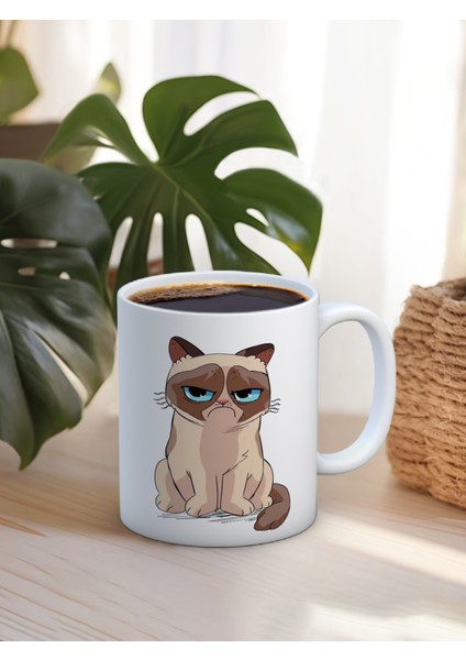 Baskılı Kupa Bardak Seramik Mug - Somurtgan Kedi