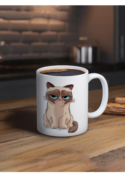 Baskılı Kupa Bardak Seramik Mug - Somurtgan Kedi