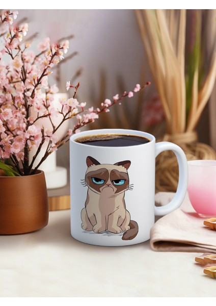 Baskılı Kupa Bardak Seramik Mug - Somurtgan Kedi