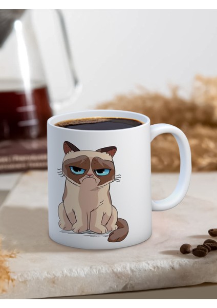 Baskılı Kupa Bardak Seramik Mug - Somurtgan Kedi