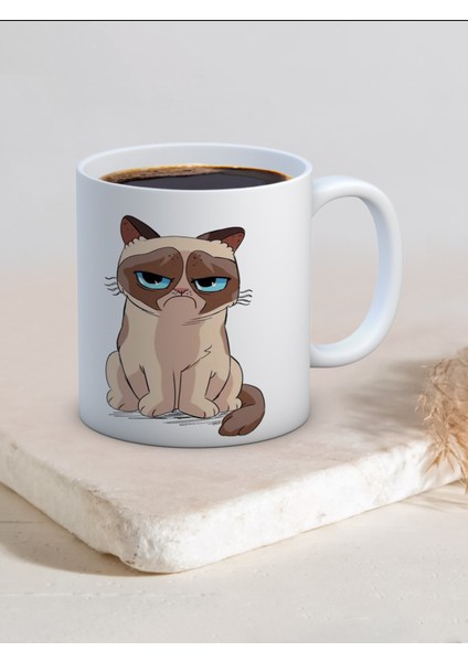 Baskılı Kupa Bardak Seramik Mug - Somurtgan Kedi