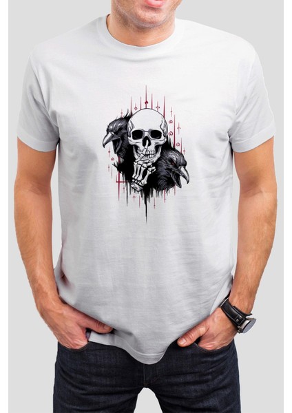 Karga Kurukafa Baskılı Beyaz Unisex Tişört C623