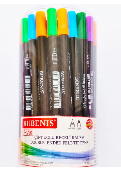 50'li Çift Uçlu Keçeli Fineliner Kalem 04MM-1MM Rbns F-1750 Farklı Renkler