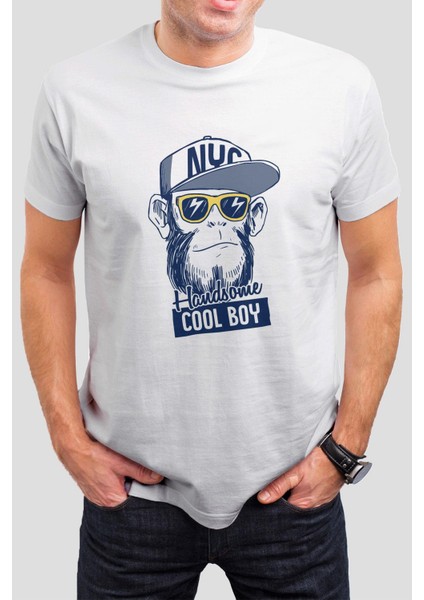 Maymun Baskılı Beyaz Unisex Tişört C625