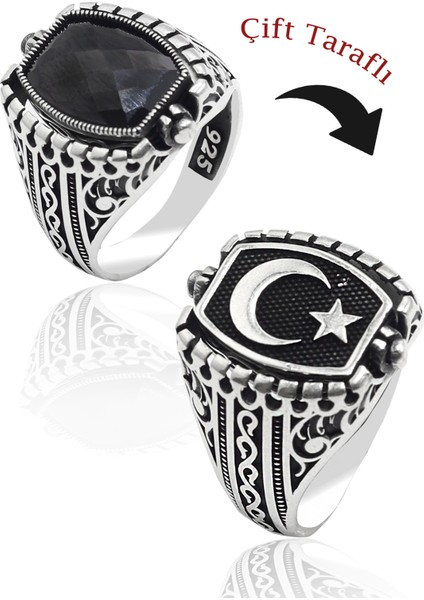 Siyah Zirkon Taşlı Ayyıldız Model Çift Taraflı 925 Ayar Gümüş Erkek Yüzük 201023209