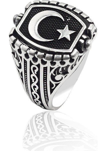 Siyah Zirkon Taşlı Ayyıldız Model Çift Taraflı 925 Ayar Gümüş Erkek Yüzük 201023209 fiyatları