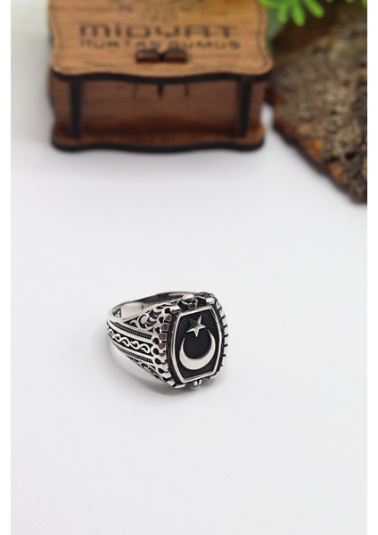 Siyah Zirkon Taşlı Ayyıldız Model Çift Taraflı 925 Ayar Gümüş Erkek Yüzük 201023209 indirimleri