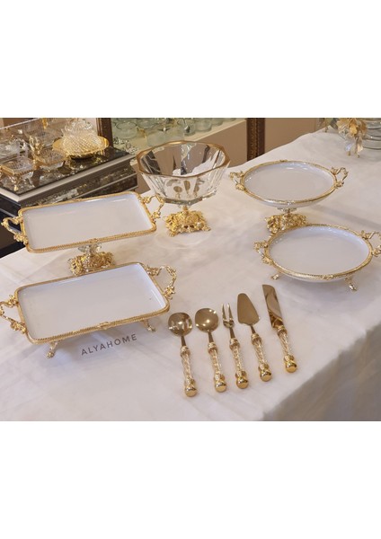 Gold Çerçeveli Salata Kaseli Porselen Sunum Seti