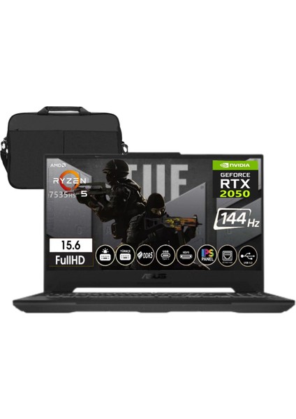 Tuf Gaming A15 Amd R5-7535HS 16GB Ddr5 Ram 512GB SSD RTX2050-144Hz 15.6" Freedos Taşınabilir Bilgisayar + Cimete Çanta