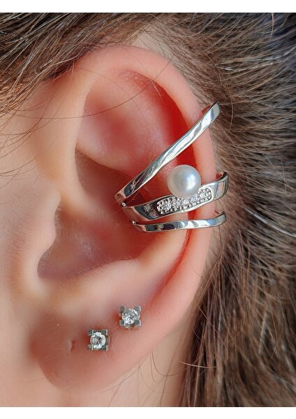 Eva Takı Inci Model Kıkırdak Küpesi Ear Cuff Silver Renkli