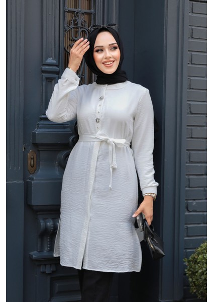 Düğmeli Beyaz Tesettür Tunik 658B