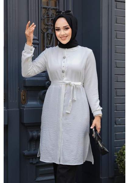 Düğmeli Beyaz Tesettür Tunik 658B