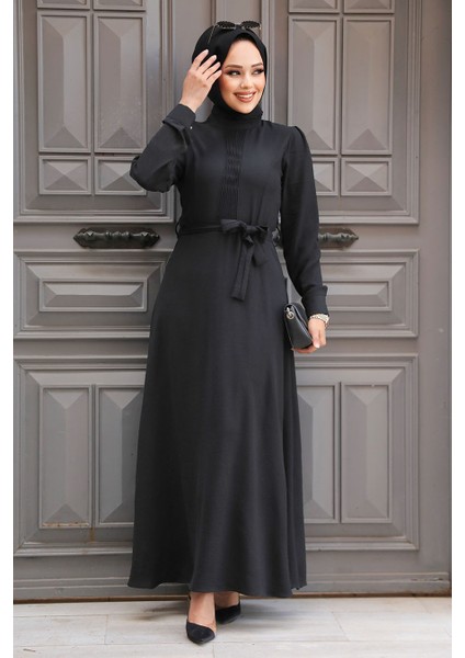 Kemerli Siyah Tesettür Elbise 6621S