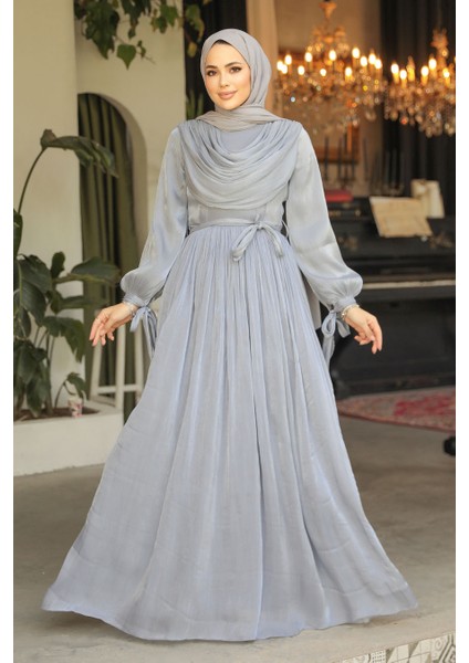 Drape Detaylı Gri Tesettür Elbise 44591GR