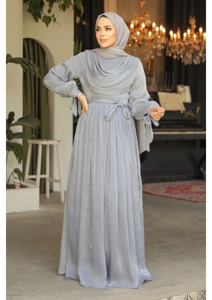 Drape Detaylı Gri Tesettür Elbise 44591GR