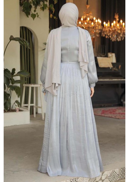 Drape Detaylı Gri Tesettür Elbise 44591GR