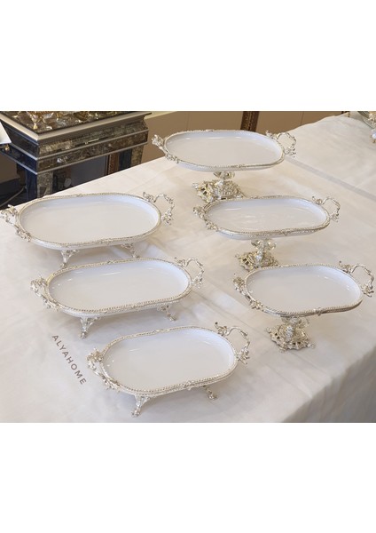 6 Parça Oval Ayaklı Porselen Sunum Seti Gümüş