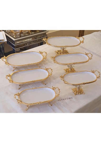 6 Parça Oval Ayaklı Porselen Sunum Seti Gold