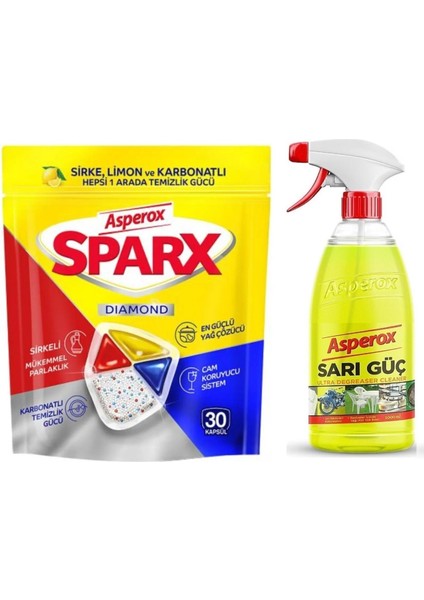 Sparx 30 Kapsül Bulaşık Makinesi Tableti + Sarı Güç Yağ Çözücü 1000 ml Sprey (2'li Set)