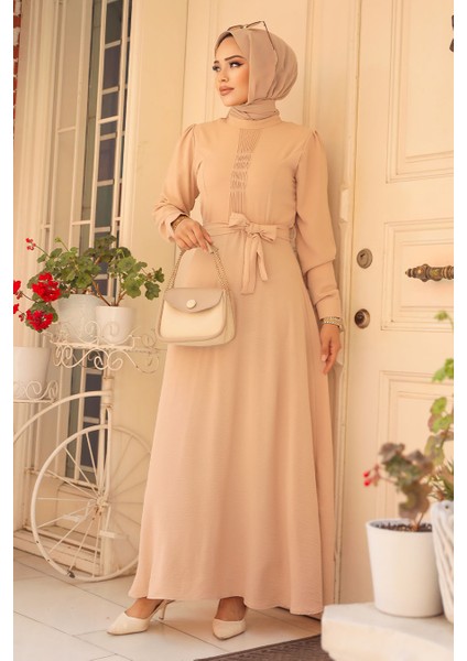 Kemerli Bej Tesettür Elbise 6621BEJ