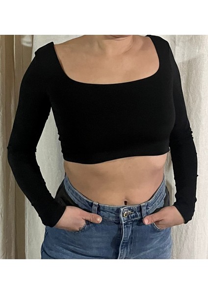 Siyah Kare Yaka Uzun Kollu Kadın Crop Body fiyatları